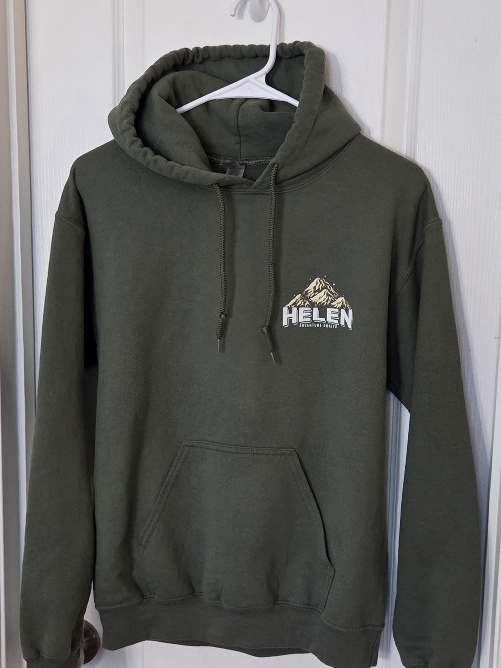 Helen Georgia Dark Olive Pullover Hoodie with Mountain Chest Graphic